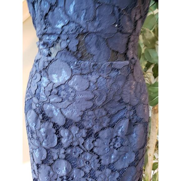 NSR Fit & Flare Dress Women Medium Blue Floral Overlay Lined Fringe Keyhole Back - Picture 12 of 14